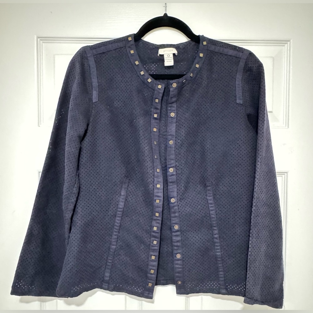 EUC Chico's Snap Down Jacket Perforated Retro Glam Preppy Studded Navy Sz 0